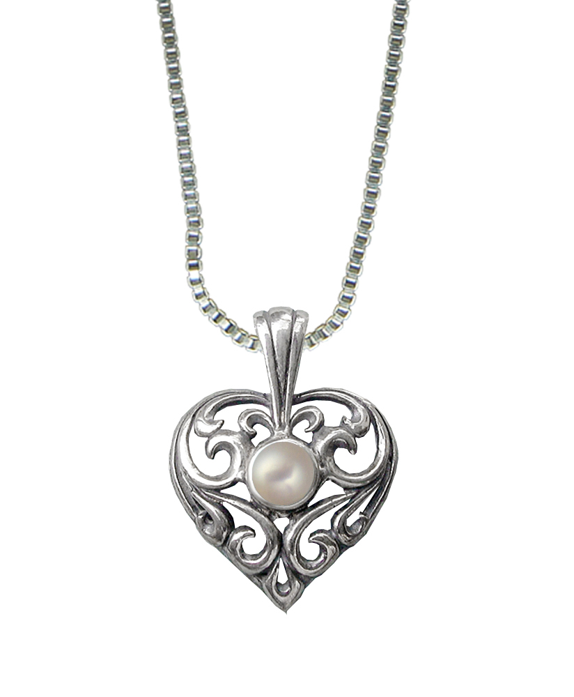 Sterling Silver Exceptional Filigree Heart Pendant With Cultured Freshwater Pearl